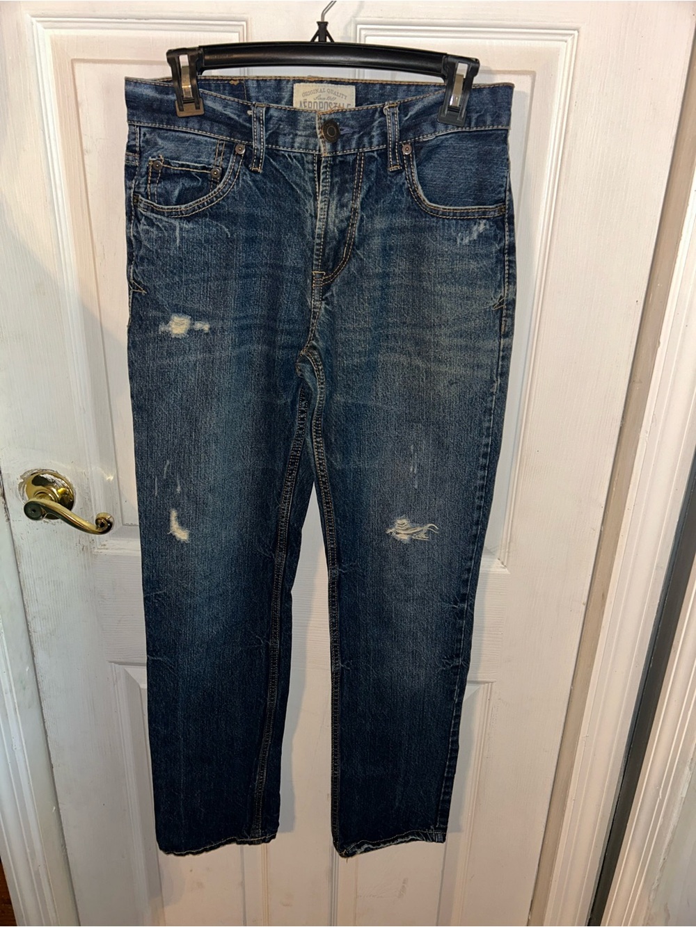 Y2K Aeropostale Men's Medium Blue Straight Jeans with Distressed Details 28X32